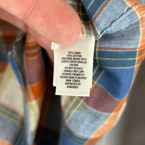 Bonobos Linen Blend Blue Plaid Button Up Shirt Long Sleeve Rust Men's Size M - Picture 6 of 11